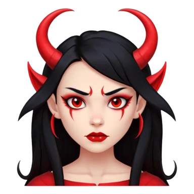 Head only demon girl, strong pronounced cheekbones, sharp angular jawline, skin fully pure red everywhere, long straight sleek black hair, small ho sticker