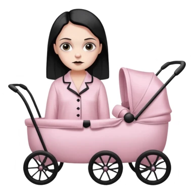 Full model stunning Wednesday Addams dark smoky eyeshadow in a unbuttoned Light pink silk pyjamas set and baby carriage  sticker