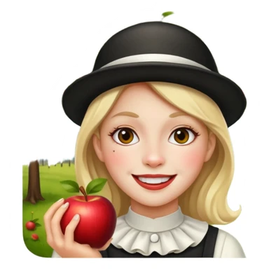 please may you generate the happiest girl emoji but she has a secret quarter of the face like phantom of the opera thats slightly menacing and its in an apple orchard and there is a mime hiding in the back sticker