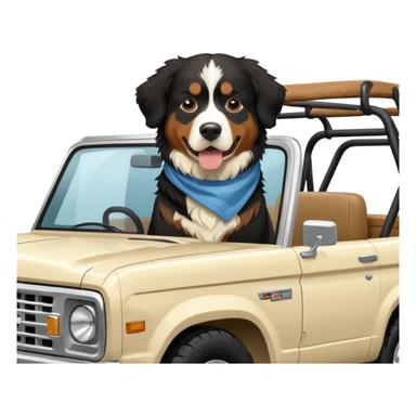 Bernese mountain dog in a cream colored ford bronco with no roof sticker