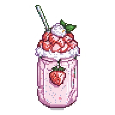 pixel art strawberry milkshake with pink hue and cherry on top, whipped cream, sparkles sticker