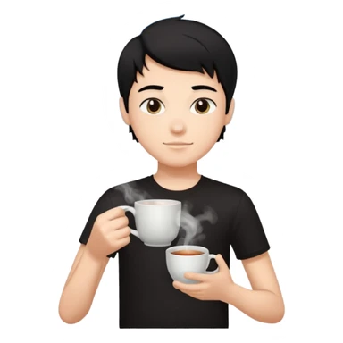 The boy teen have a black hair, and black T-shirt with a cup of tea. Sky blue background  sticker