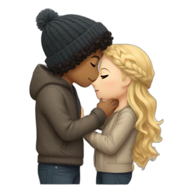 a boy with blond hair in a beanie kissing a girl with dark curly hair sticker