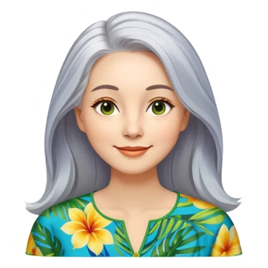 A woman with light complexion, an oval face with soft rounded features, full cheeks, gentle almond-shaped eyes with subtle smile lines, very long silver-gray hair parted to the side and styled loosely, wearing a vibrant tropical print blouse in blue, green, and yellow, exuding warmth and joy sticker