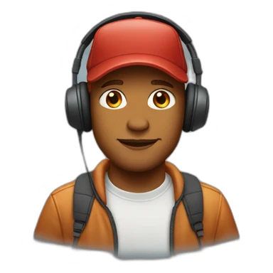 Man with red hair wearing headphones over a baseball cap sticker