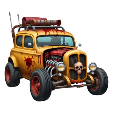 A mad max style hot rod in a zombie apocalypse, driving to the left. In the style of your bleeding skull art sticker