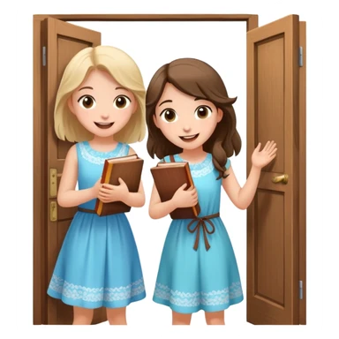 Two girls knocking on a door with a book on their hand happy and nice flowy dresses sticker