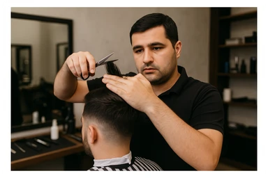 shu odamni sartaroshxonada mijozlarni sochini olayotganin  tasvirlab ber juda yosh ham katta ham bo'lmasin semiz ham bo'lib ketmasin o'smirin davrini yuzi ko'rinmasin sticker