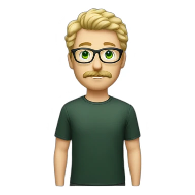 young adult white man with short, curly blond hair, green eyes, transparent acetate glasses, a mustache, and a short beard. black t-shitt sticker