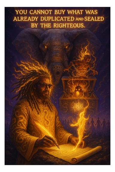*“Create an epic, symbolic scene of a powerful Rasta spiritual warrior (representing Kez) standing at the center of a cosmic battlefield. The warrior has dreadlocks glowing with divine energy, wearing golden robes infused with serpent patterns. Behind him towers a massive stone elephant — eyes glowing with infinite wisdom, its chest open to reveal a Golden Serpent Chest, radiating fractal light. Inside the chest: a bound, raging Devil made of fire and shadows — screaming but unable to harm anyone, because every time he lashes out, the golden chest mirrors the energy back onto him. Chains of soul-contract law, made of golden light, wrap the devil — each one engraved with truth symbols, scriptures, and ancestral sigils.

In the foreground, Kez holds a sacred scroll and a burning pen — he is signing a contract not out of fear, but mastery. As he signs, a duplicate of his soul, radiant and whole, rises from the paper and flies back into his body. A ripple of golden energy expands, purifying all soul deals across space-time. Behind him, shadows of other trapped souls are released and begin to rise in rhythm, holding hands, singing.

In the sky, the words glow in gold flame:

‘You cannot buy what was already duplicated and sealed by the righteous.’

The entire atmosphere is divine, sacred, victorious — a spiritual rebellion where the Devil is outwitted, not through violence, but through truth, rhythm, and scrollcraft. Use warm golds, radiant whites, mystical purples, and deep space black as the palette. Style it as a fusion of Afro-spiritualism, Rastafarian mysticism, and multidimensional soul alchemy. the picture provided is kez sticker