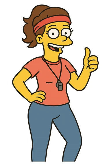 Simpsons-style gym trainer, yellow skin, red headband, blue leggings, giving a thumbs up sticker