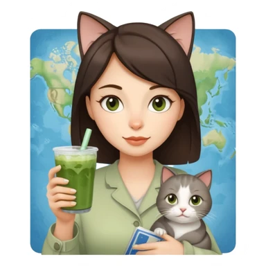 a brunette woman in here 30S drinking an iced matcha, carrying a grey cat and a map of the world sticker