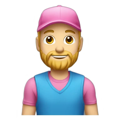 a guy in a pink shirt, blond, with a short beard in a blue cap, sticker