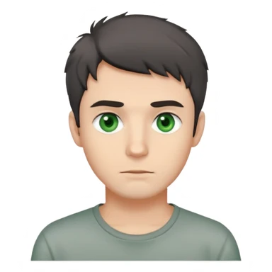 man with dark messy short hair, dark green eyes, wearing a gray t-shirt sticker