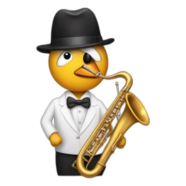 a jazz musician with a penguin head plaing the trombone sticker