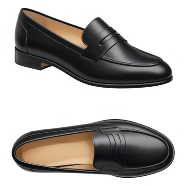 Aesthetic black loafers emoji, soft pastel minimal illustration, smooth shiny leather, delicate highlights, simple cute proportions, fashion sticker style, clean white background, soft shadow, minimal luxury vibe, high resolution, centered, sticker