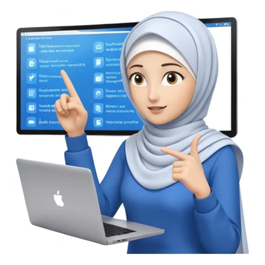 computer engineer with white hijab wearing blue outfit, pointing and gesturing at specific code elements and features on the large digital screen behind her, laptop in front of her, explaining particular parts of her metaverse creation in detail sticker