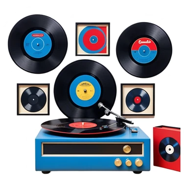 Icon for Vinyl Record Collecting: large black? red and blue vinyl records in decorative packaging featuring artist images, neatly arranged on a wall or shelf, vinyl record player. The icon should reflect the aesthetic and artistic aspect of collecting vinyl records. Transparent background. sticker