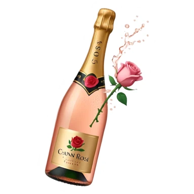 bottle of sparkling rosé champagne with a rose logo on the label, with the cork popping out from the top, tilted up and to the left, no glass sticker