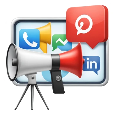 An icon featuring a megaphone, a billboard, and social media icons, symbolizing advertising and public relations. The design includes a press release and a rising graph, representing brand promotion and communication strategies. Transparent background highlights media influence and outreach. sticker