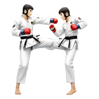 Two taekwondo fighters in traditional white doboks with black belts compete in a dynamic match. One executes a high spinning kick, while the other blocks skillfully. The background features a professional arena with bright lights and spectators. Transparent background. sticker