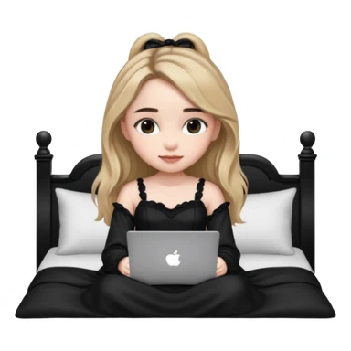 Sabrina carpenter in a black nightdress sitting on a bed with her laptop open  sticker