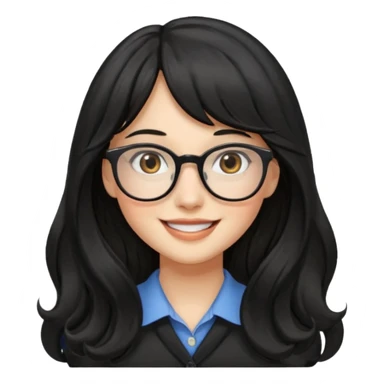 Please generate a portrait of a pretty girl with long, wavy, black hair. She's smiling. She also wears a middle parting and bangs. with glasses sticker
