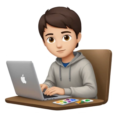 boy working in Macbook, he is graphic designer and paint artist, he seat front side and hair dark brown color sticker