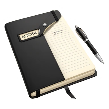 A classic black Moleskine notebook open to show a page with 'AGENDA' written at the top and meeting items listed below with bullet points sticker