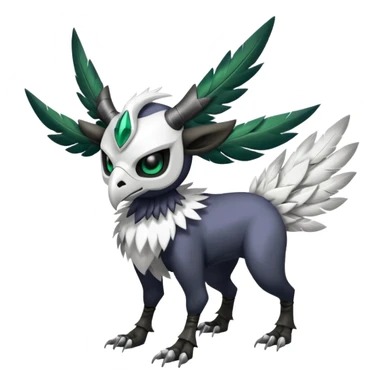 Shiny Black Grey White and Dark-Green Trico-Skarmory-Silvally-Skiddo-Sprigatito-Absol-fusion (full body) with and edgy white horned skull mask face sticker