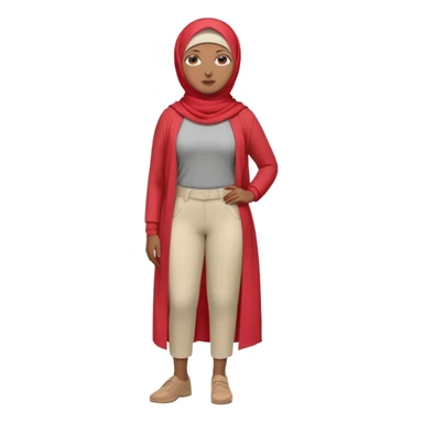 Heavy-set woman with medium-brown skin wearing a light red hijab, cream top, light red pants, tan shoes, and a grey prosthetic leg. Standing confidently with one hand on her hip sticker