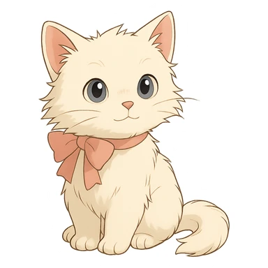 Remove the background, keep only the cute fluffy white kitten with a light pink bow in ghibli style with transparent background. sticker
