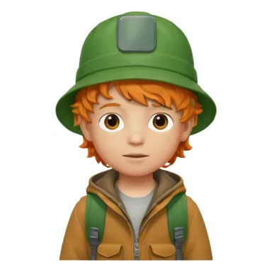 A little boy student curly orange hair, with green bucket hat, brown jacket, backpack sticker