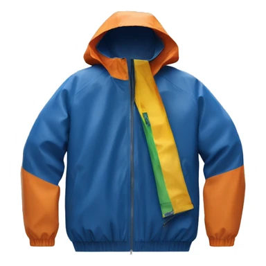 A blue K-way waterproof jacket with a colorful central zip in white, dark blue, orange and yellow (just the zip) under the rain sticker