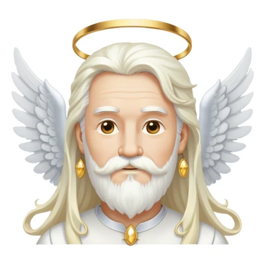 Wise deity with white angel wings, long white hair, beard and mustache, wearing gold drop earrings, heavenly appearance sticker