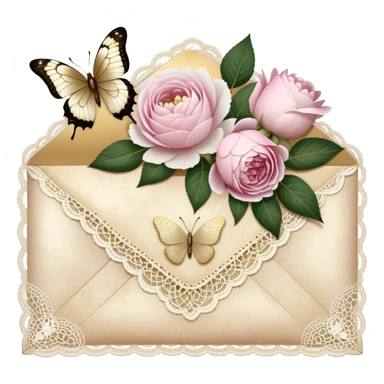 A delicate still life of an aged love letter sealed with golden wax, placed on a vintage lace doily, accompanied by a bouquet of pale pink roses and white peonies, with a shimmering pearl butterfly resting on the envelope. sticker