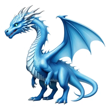 Cinematic Noble very elegant Ice Dragon full body  Emoji, Poised and imposing, distinct long elegant snout, with a slender, scaled body shimmering in glacial hues of icy blue, frostbitten silver, and crystalline white, breathing out frost, with piercing, glowing ice blue white eyes that radiate the chilling depths of an arctic storm; rendered in detail. excuding wisdom sticker