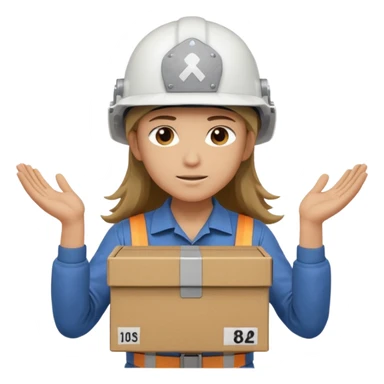 Tengo que dar una capacitacion de orgonomia, necesito un emoji de un operario con pelo largo y casco blanco de manga larga que levante una caja cerrada con las dos manos a la altura de los hombros y que tenga cara de esfuerzo fisico. Que no este saludando, las dos manos sosteniendo la caja.  sticker
