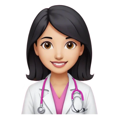 A indian female doctor with black hair , doe eyes smiling a little , wearing white lab coat over dark pink scrubs and properly drawn stethoscope  sticker