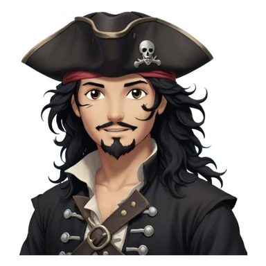 A charismatic pirate with wavy black hair that falls just past his shoulders, tousled slightly by the sea breeze. He wears a black tricorn hat with subtle silver embroidery along the edges, casting a shadow over his sharp, confident features. His piercing dark eyes glint with mischief as he gazes to the side, a knowing smile playing at his lips. His well-fitted black coat, adorned with polished silver buttons and intricate stitching, moves slightly with the wind, revealing glimpses of a deep-crimson waistcoat underneath. A silver chain dangles from his belt, catching the dim golden light of the setting sun. His posture is relaxed yet assured, exuding effortless charm as if he owns the sea itself. sticker