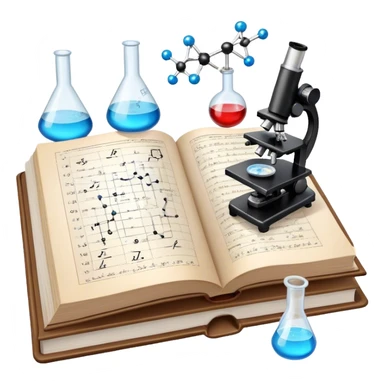 Icon for Scientific and Educational Reading: an open book with mathematical and physical formulas on the pages, with molecules and atoms flying out. On the desk are test tubes, flasks, and a microscope. Transparent background. sticker