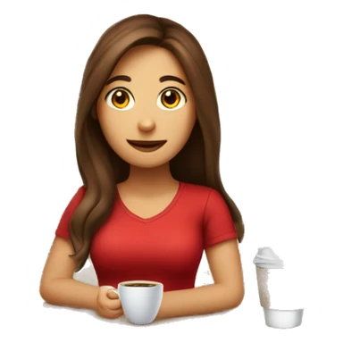 barista girl in a red t-shirt with long brown hair, with a cup of coffee in a hand sticker