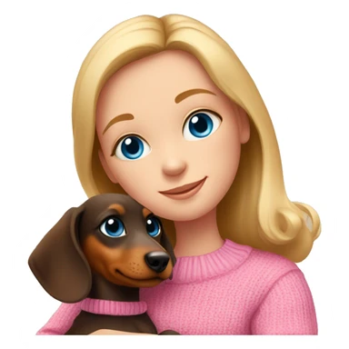 A girl with blue eyes in a pink sweater hugs a dachshund puppy sticker
