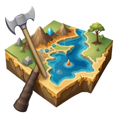 An icon featuring a pickaxe and a geological map, and layers of Earth’s crust, symbolizing geology. The design includes mineral samples, fossils, and tectonic plates, representing the study of Earth’s structure and natural processes. Transparent background highlights geological exploration sticker