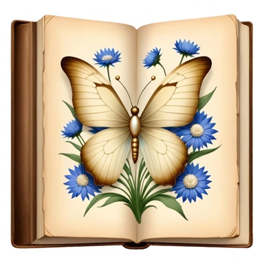 A vintage book with a worn beige cover, open to reveal pressed white cornflowers and a resting perl butterfly. sticker