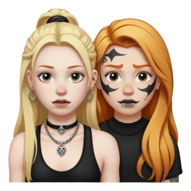 girl with long blonde hair, black tattoos and a septum piercing next to an athletic ginger girl and a septum piercing sticker