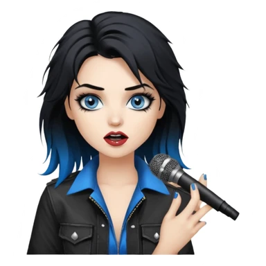 
 rockstar girl with black disheveled hair, blue eyes, Smokey eyes grunge makeup, singing  sticker