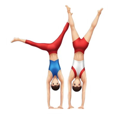 A skilled acrobat performing a handstand with perfect balance, while another acrobat gracefully flips in the air, showcasing their strength and precision. The background features a large gymnasium with bright lights and cheering audience, symbolizing adult acrobatics as a coordinated sport. sticker