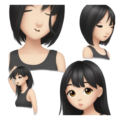 Korean girl, black tank top, black hair, black eyes, layered hair, cool girl, aesthetic, long hair, hime cut, blunt bangs, small silver hoop earrings sticker