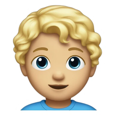 A baby with blond hair and a blue T-shirt sticker